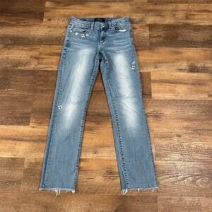 Lucky Brand Sweet Straight Jeans Embroidered Flowers Size 6 Distressed Hem READ